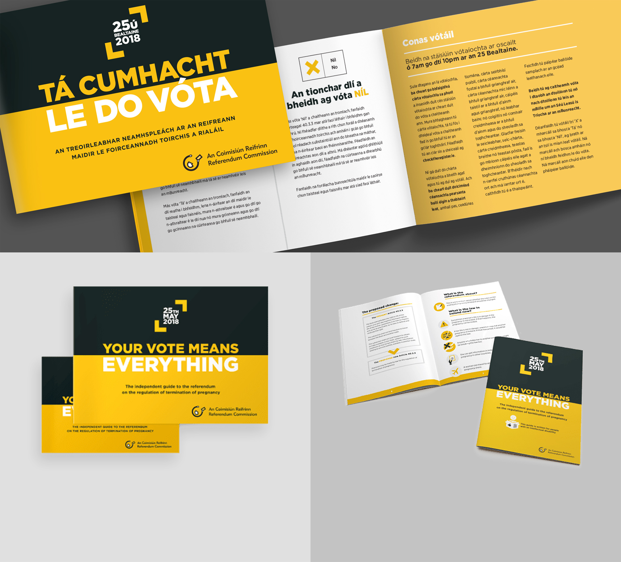 Examples of the Irish versions of the Termination of Pregnancy guidebooks, and an accessible large-print version.