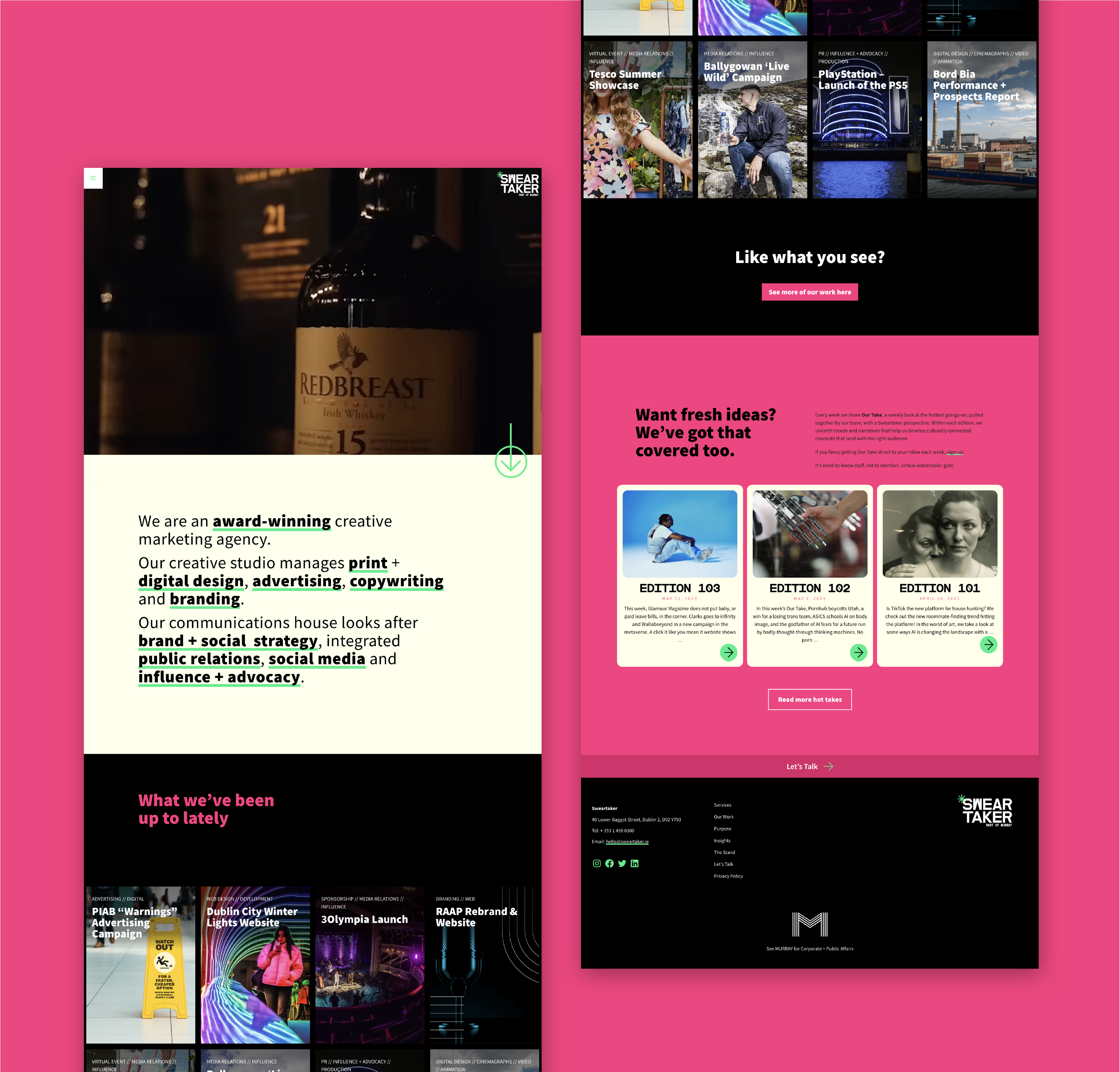 A pair of screenshots of key sections of the website
