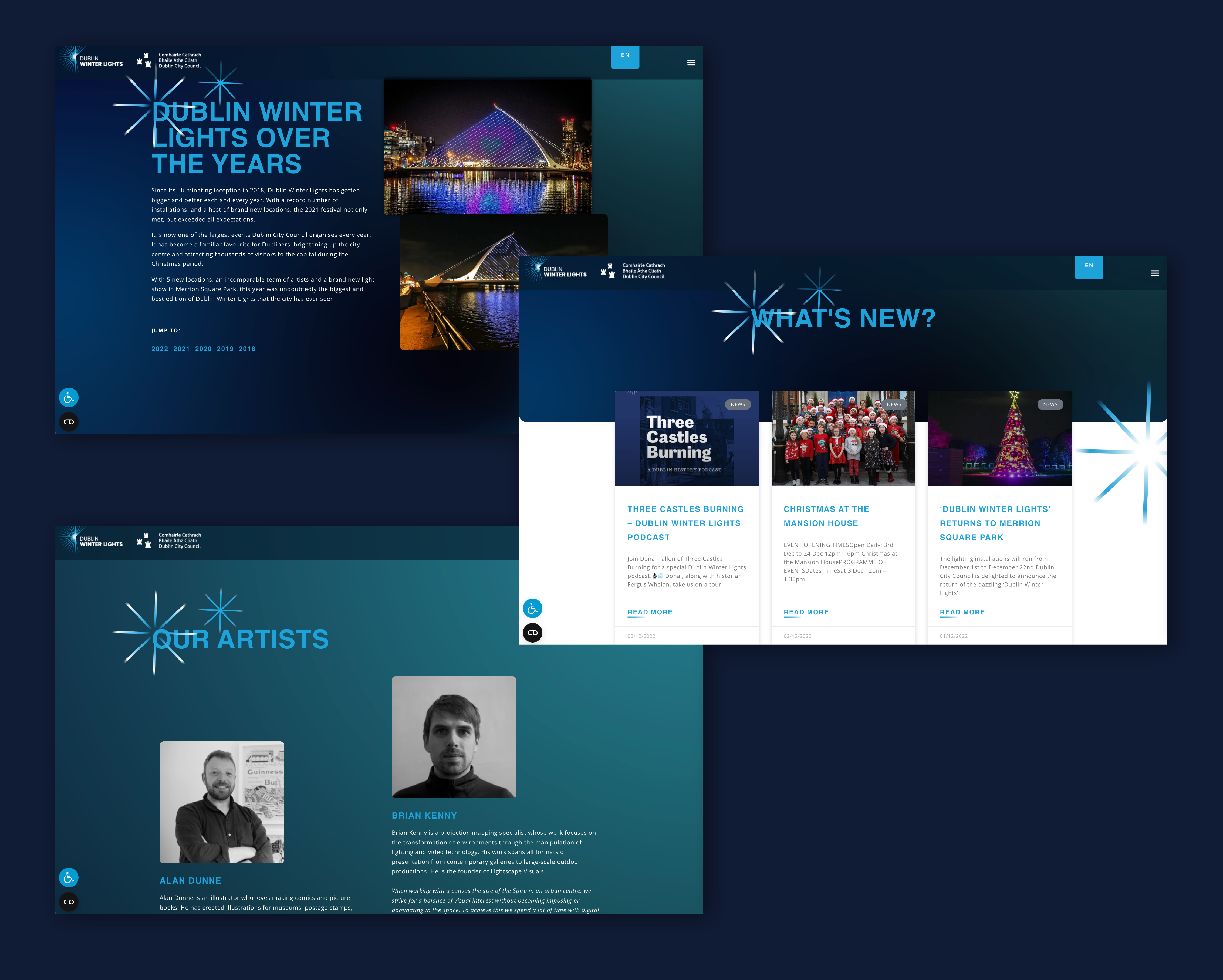 Various sections of the website